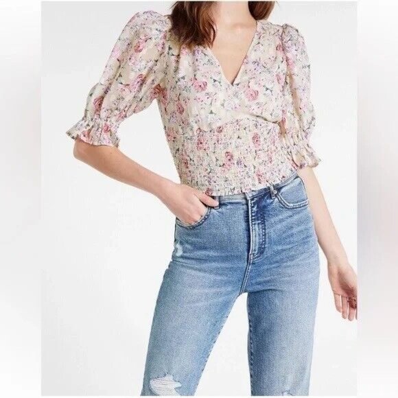 Express Floral Puff Sleeve Smocked V-Neck Cropped Top Coquette Cottagecore SM - Picture 3 of 16